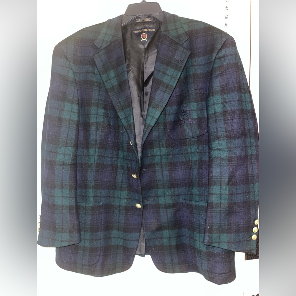 Tommy Hilfiger Modern-Fit Blue Check Plaid Wool Blazer Jacket Blue Green Mem’s M